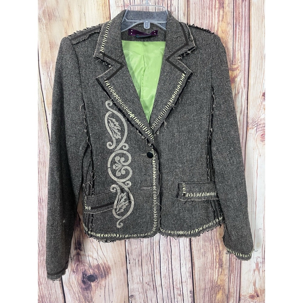 Spy Zone Exchange Blazer Wool Blend Tweed Brown Black Embroidered Stitching Sz L